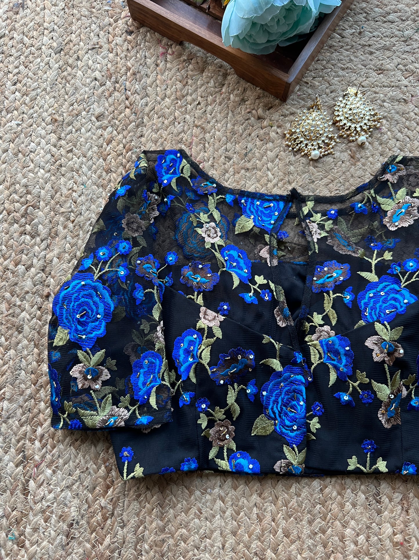 Blue embroidery netted hand work blouse