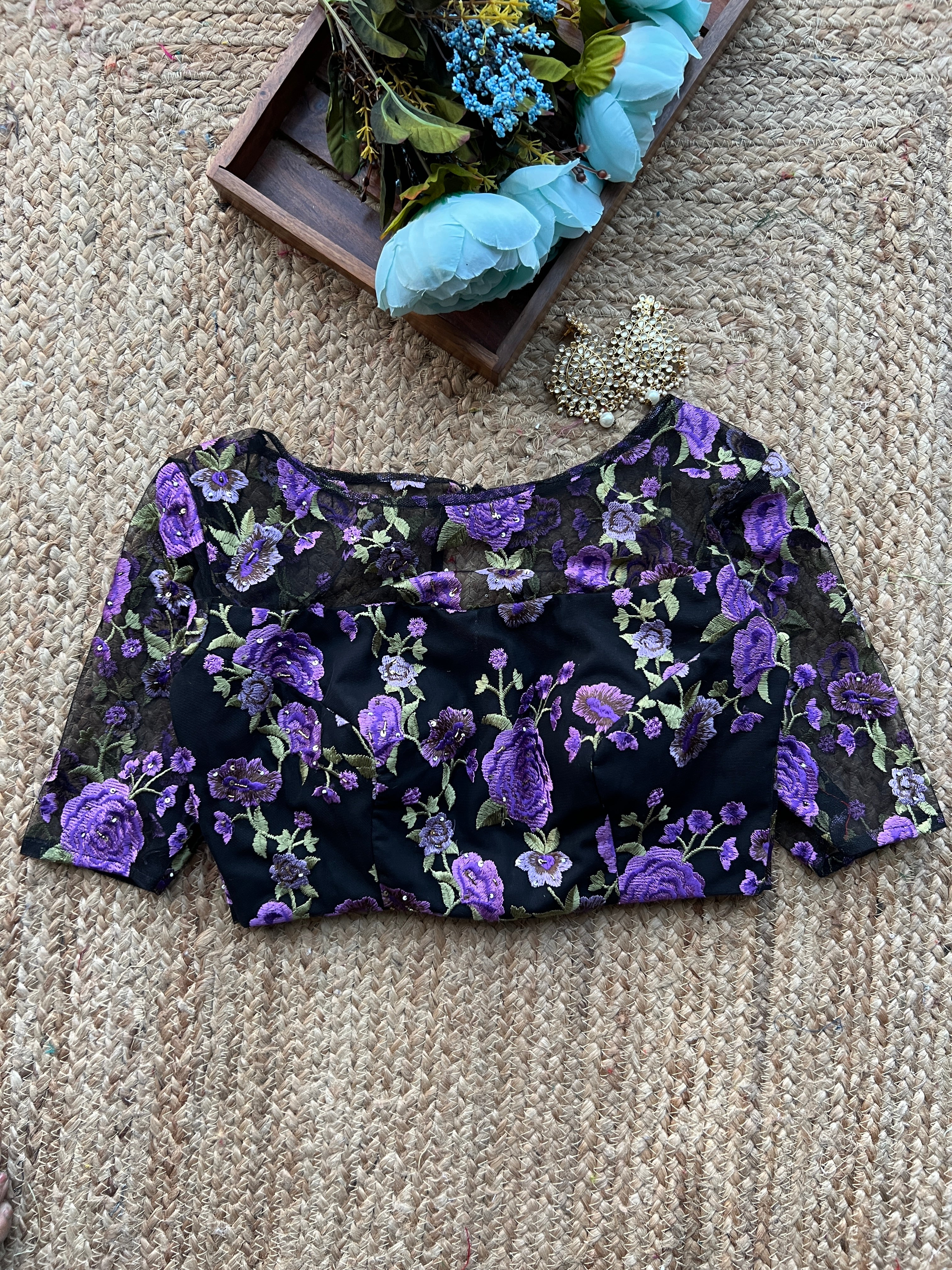 Purple embroidery netted hand work blouse
