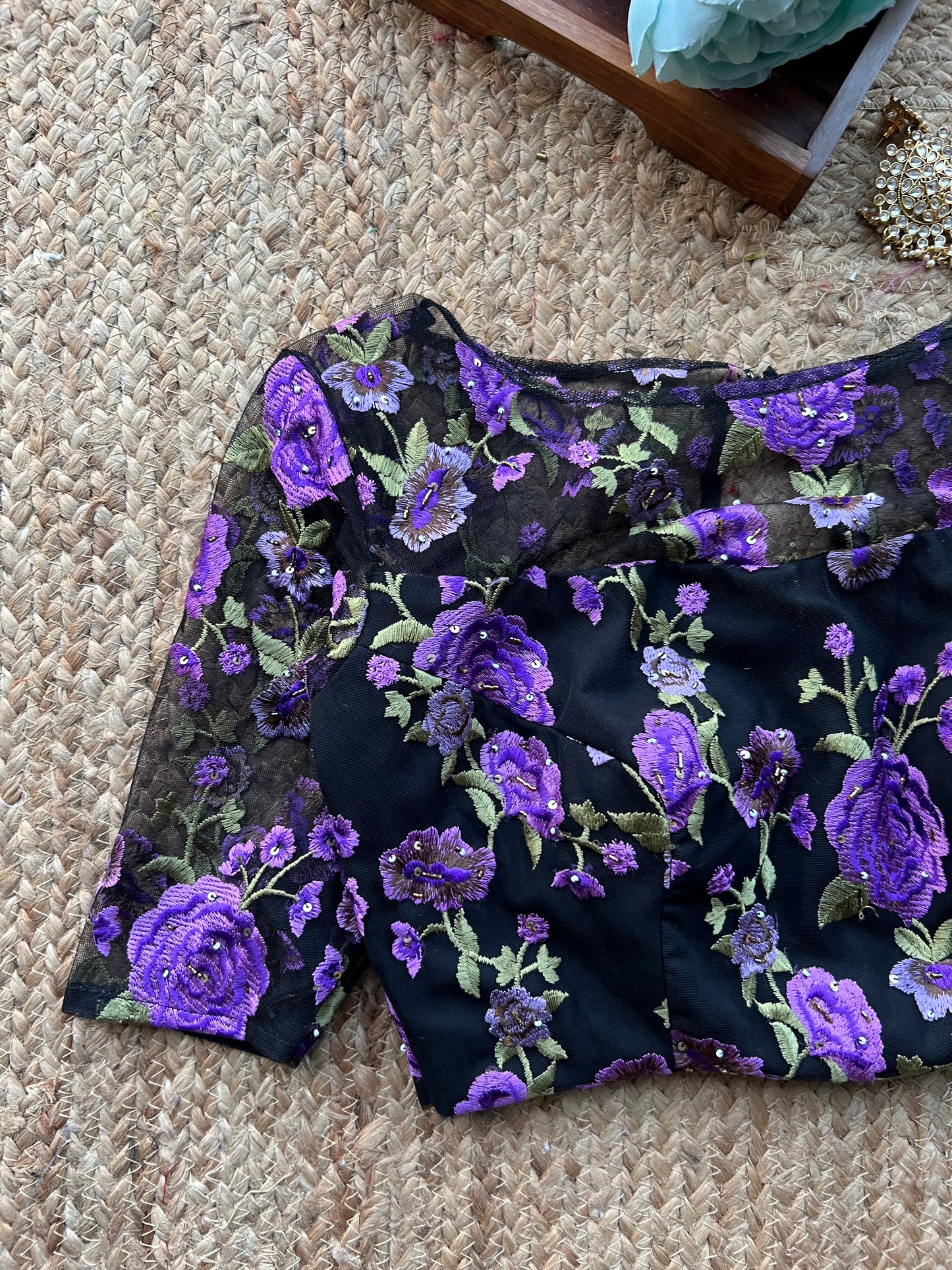 Purple embroidery netted hand work blouse
