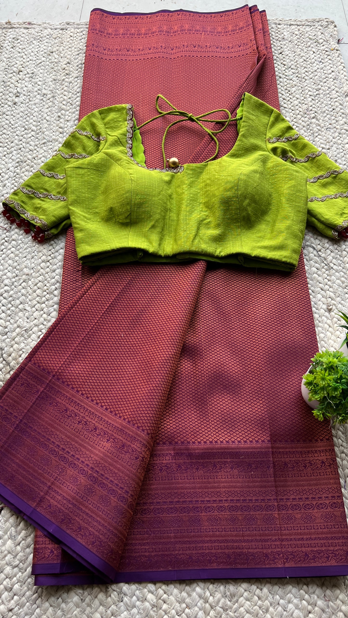 (Free full predraping) Deep purple silk saree with hand worked blouse