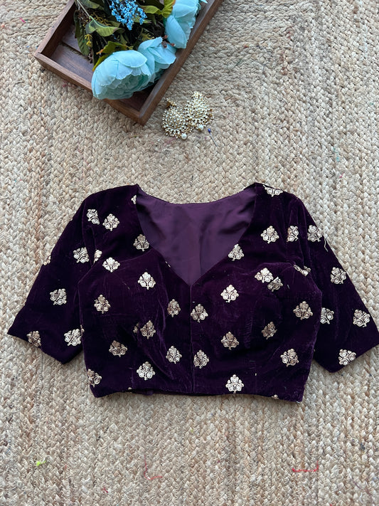 Deep wine velvet embroidery blouse