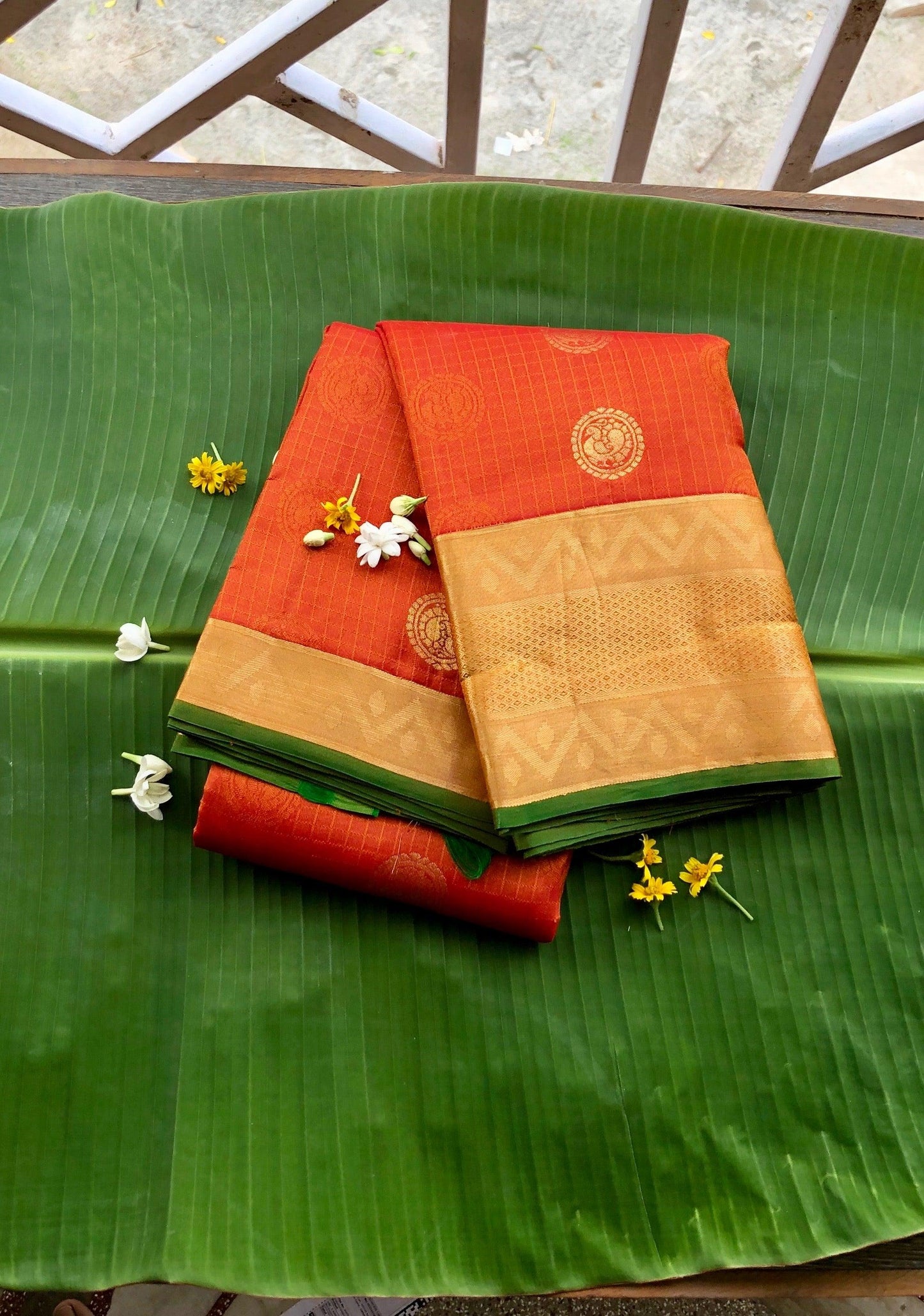 Kanjipuram Silk Jaal Orange bridal saree - Threads