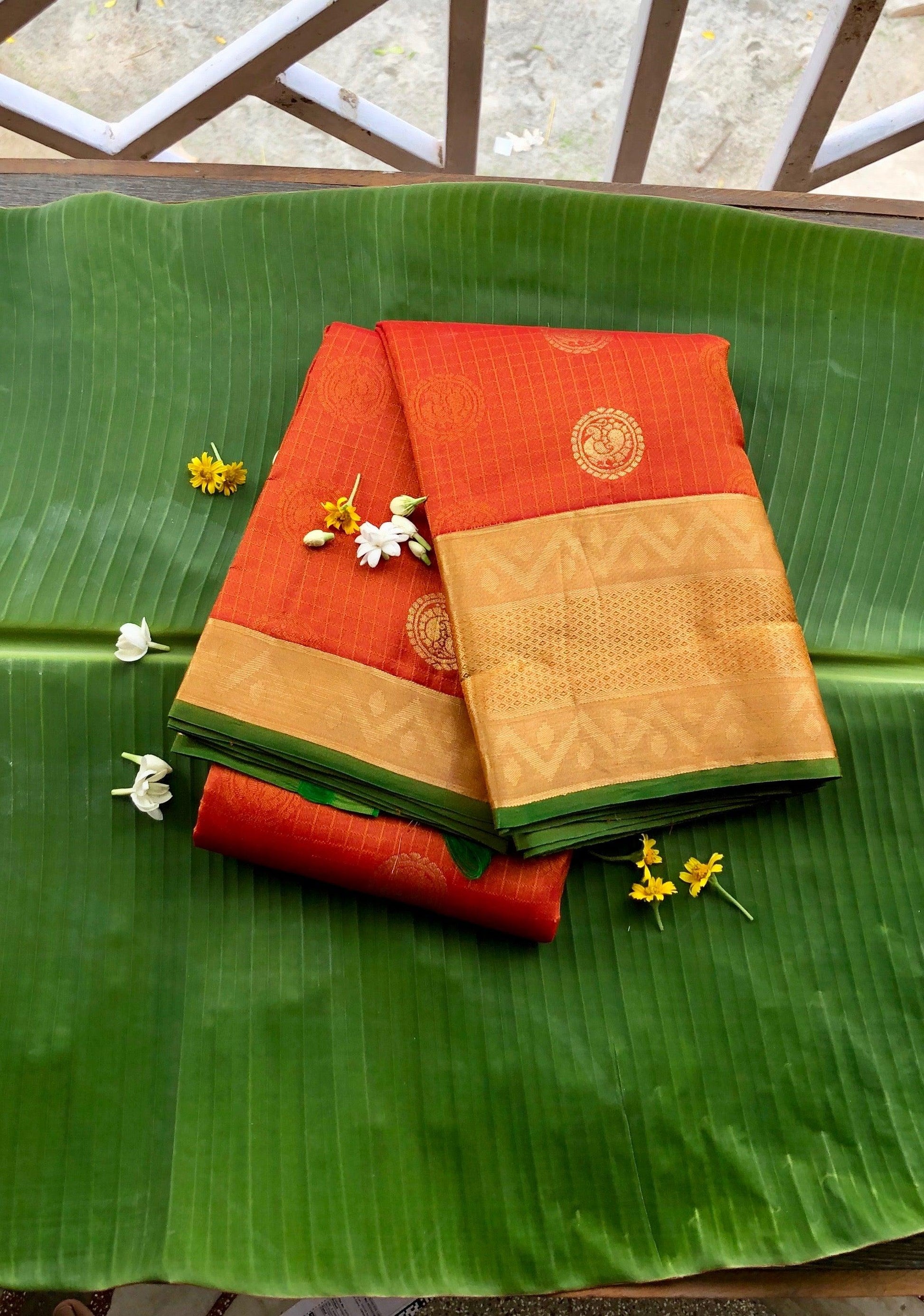 Kanjipuram Silk Jaal Orange bridal saree - Threads