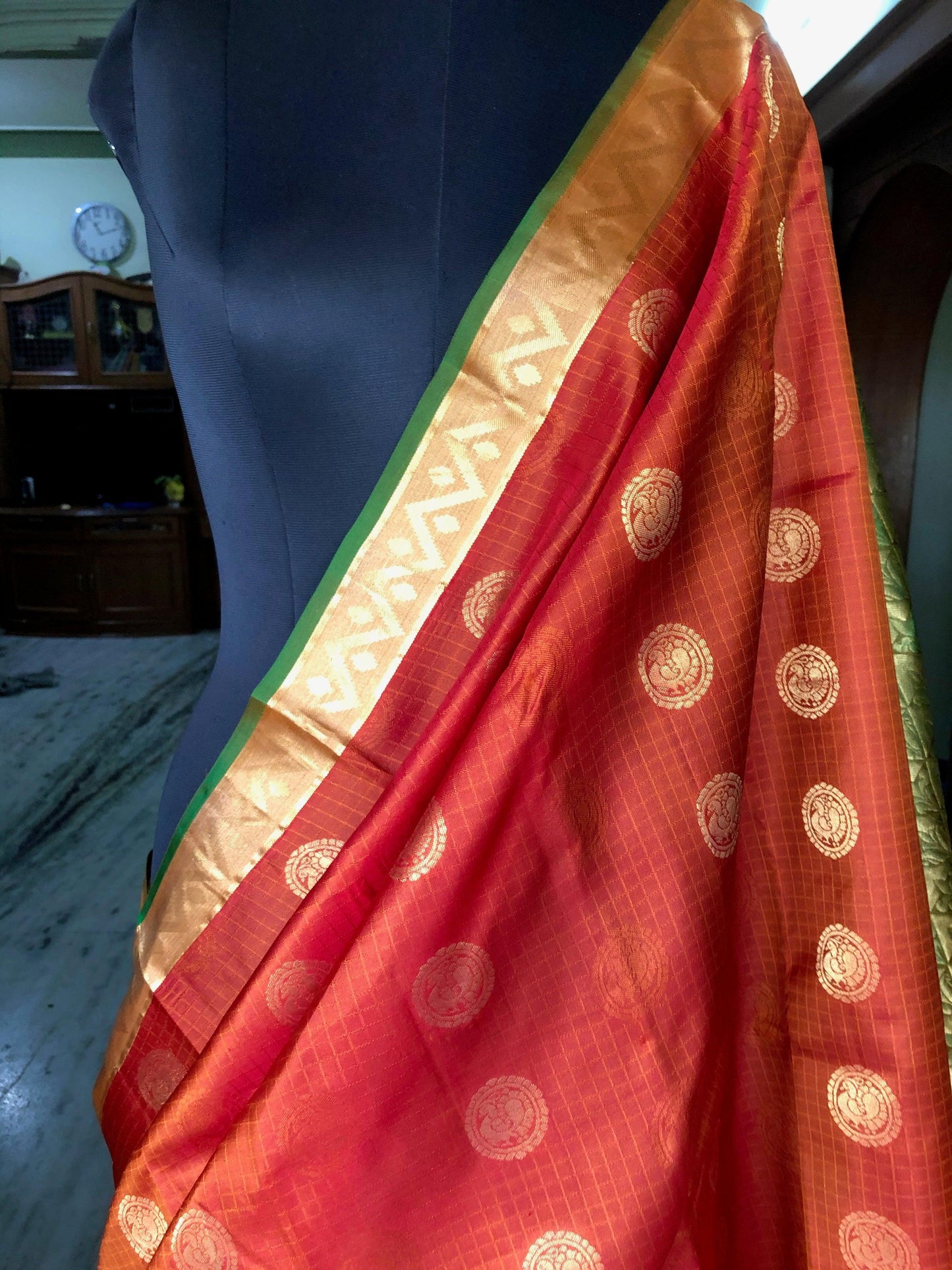 Kanjipuram Silk Jaal Orange bridal saree - Threads