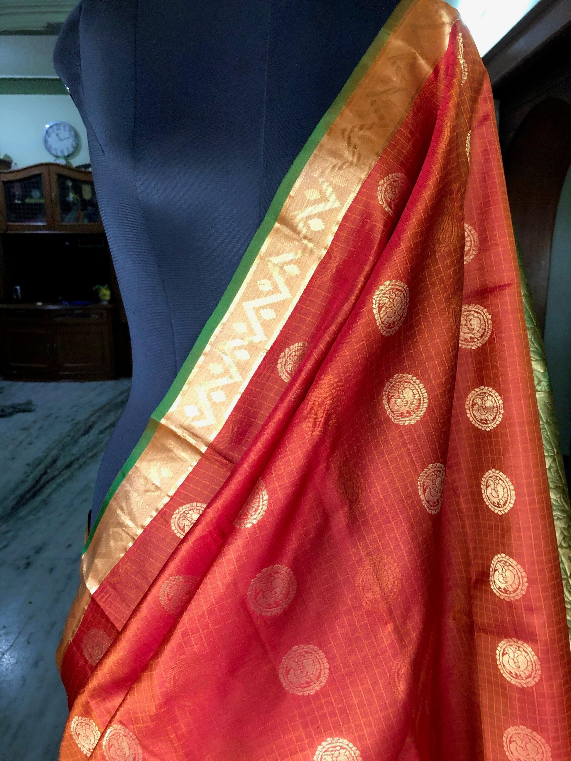 Kanjipuram Silk Jaal Orange bridal saree - Threads