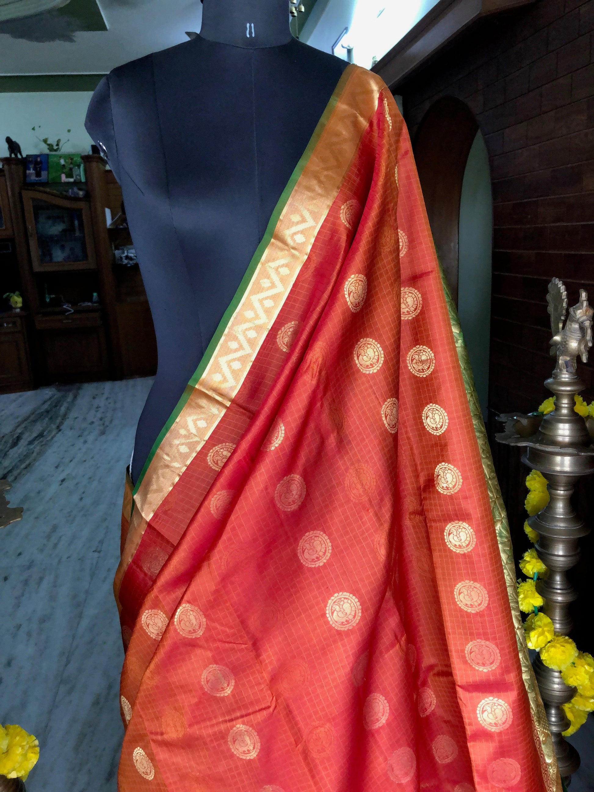 Kanjipuram Silk Jaal Orange bridal saree - Threads
