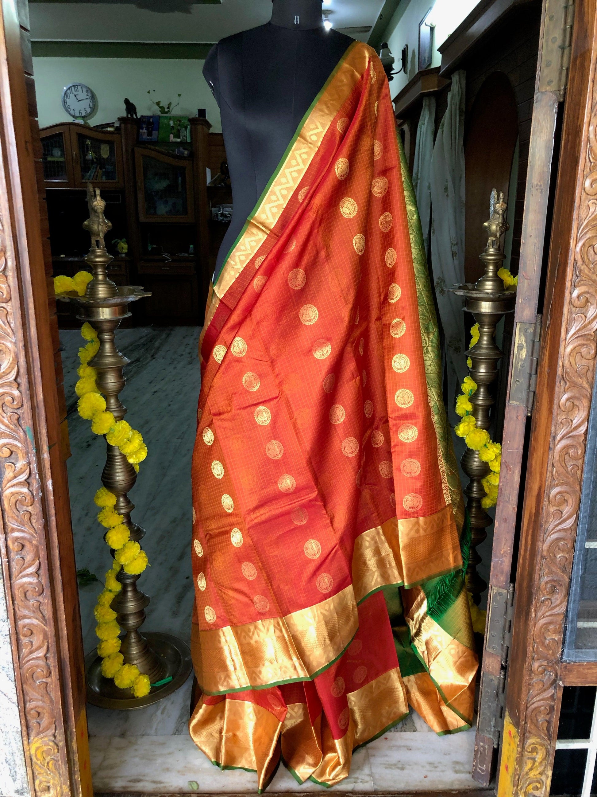 Kanjipuram Silk Jaal Orange bridal saree - Threads