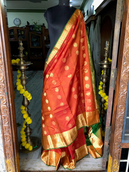 Kanjipuram Silk Jaal Orange bridal saree - Threads