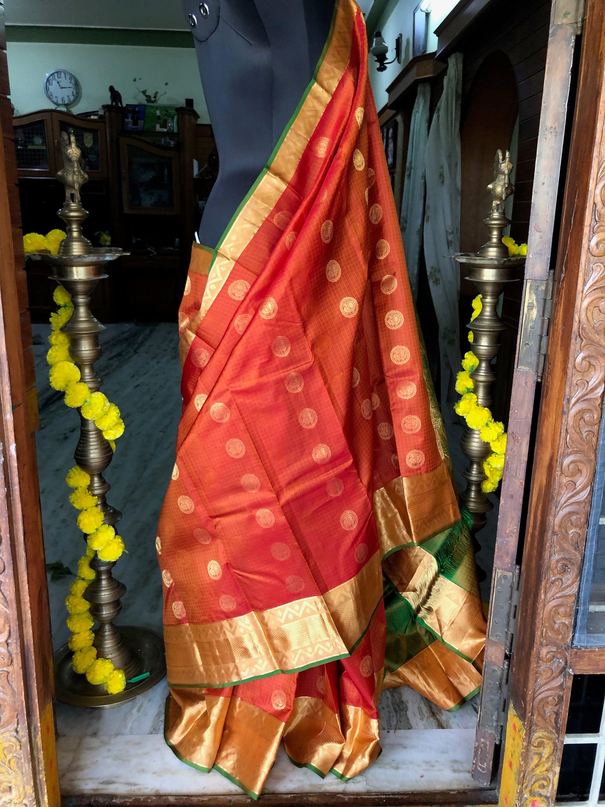 Kanjipuram Silk Jaal Orange bridal saree - Threads