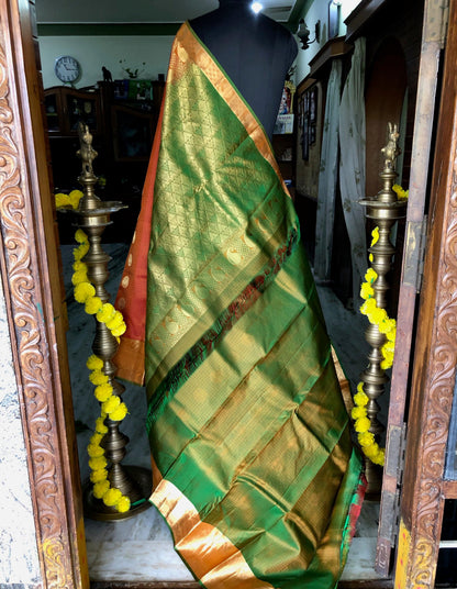 Kanjipuram Silk Jaal Orange bridal saree - Threads