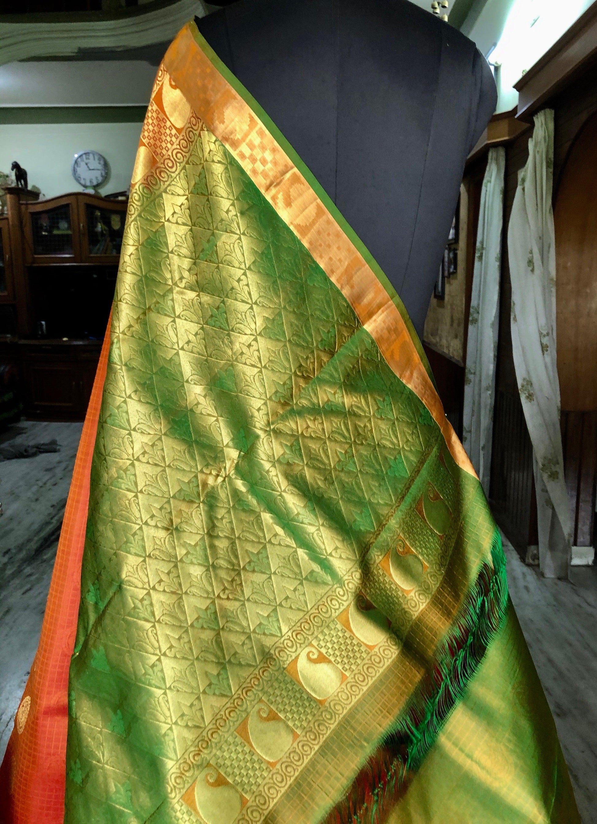 Kanjipuram Silk Jaal Orange bridal saree - Threads