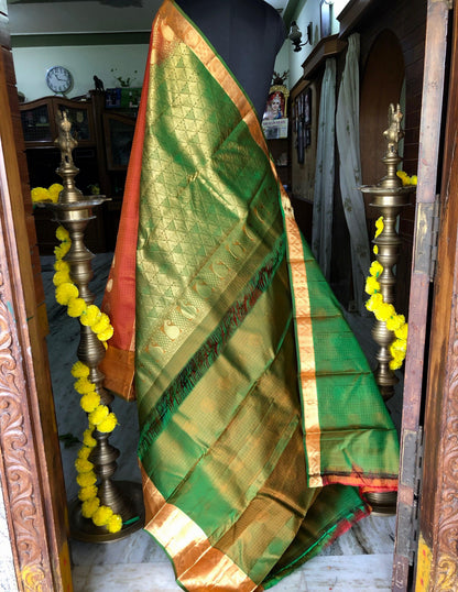 Kanjipuram Silk Jaal Orange bridal saree - Threads