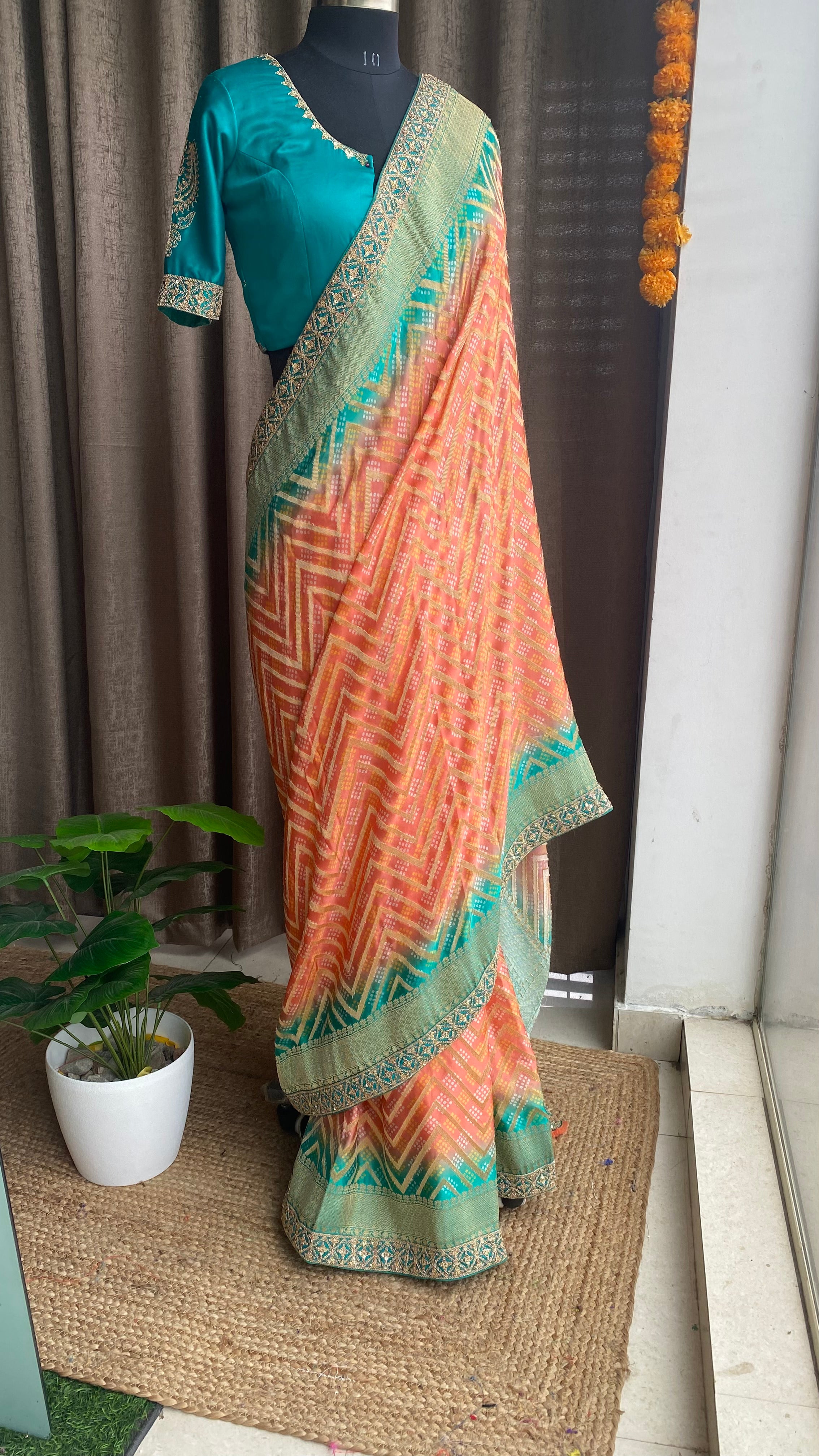 Buy Satrani Orange & Blue Plain Saree With Unstitched Blouse for Women  Online @ Tata CLiQ