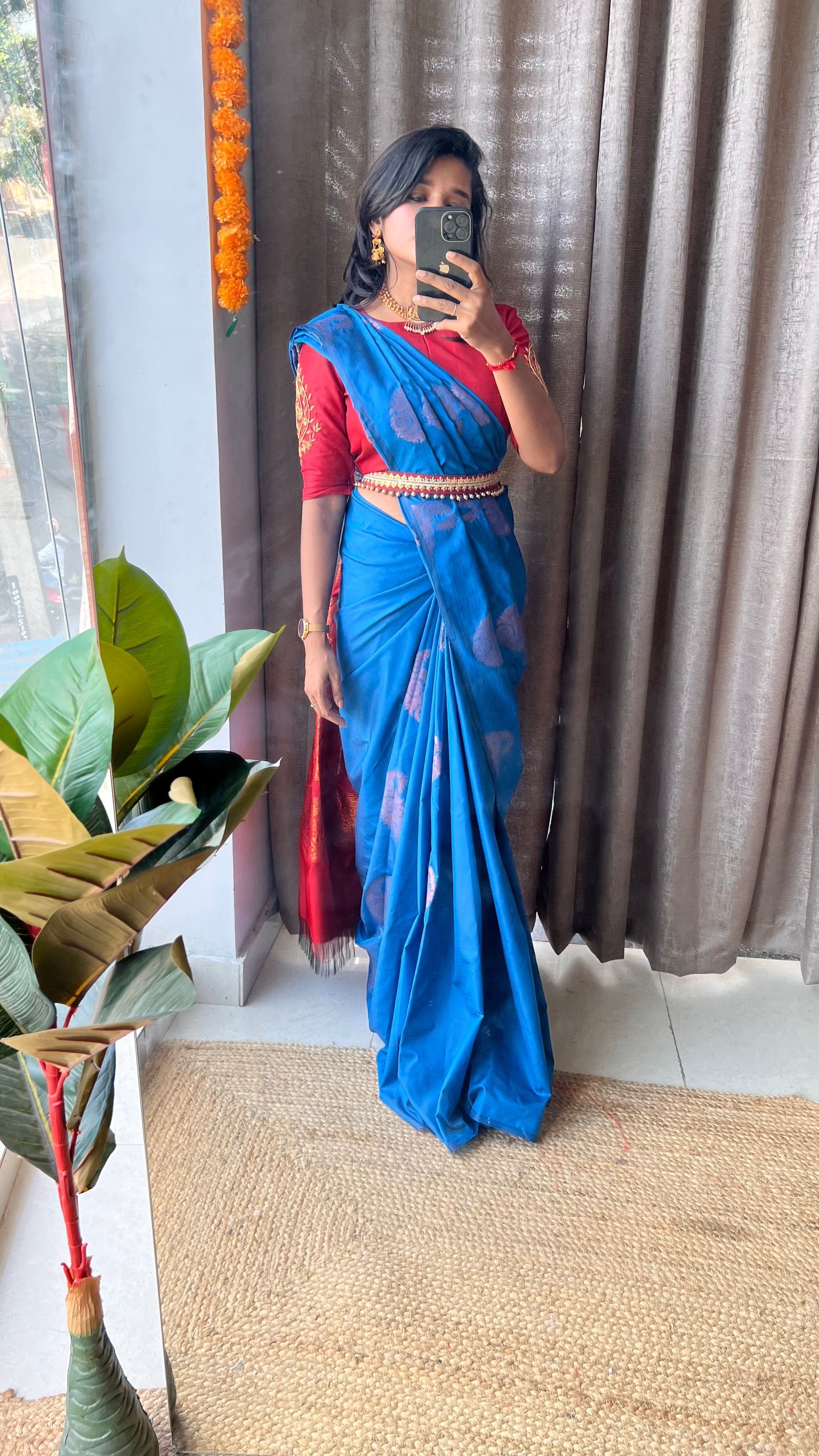 Free full draping )Blue and brown semi silk saree with hand worked bl –  Threads