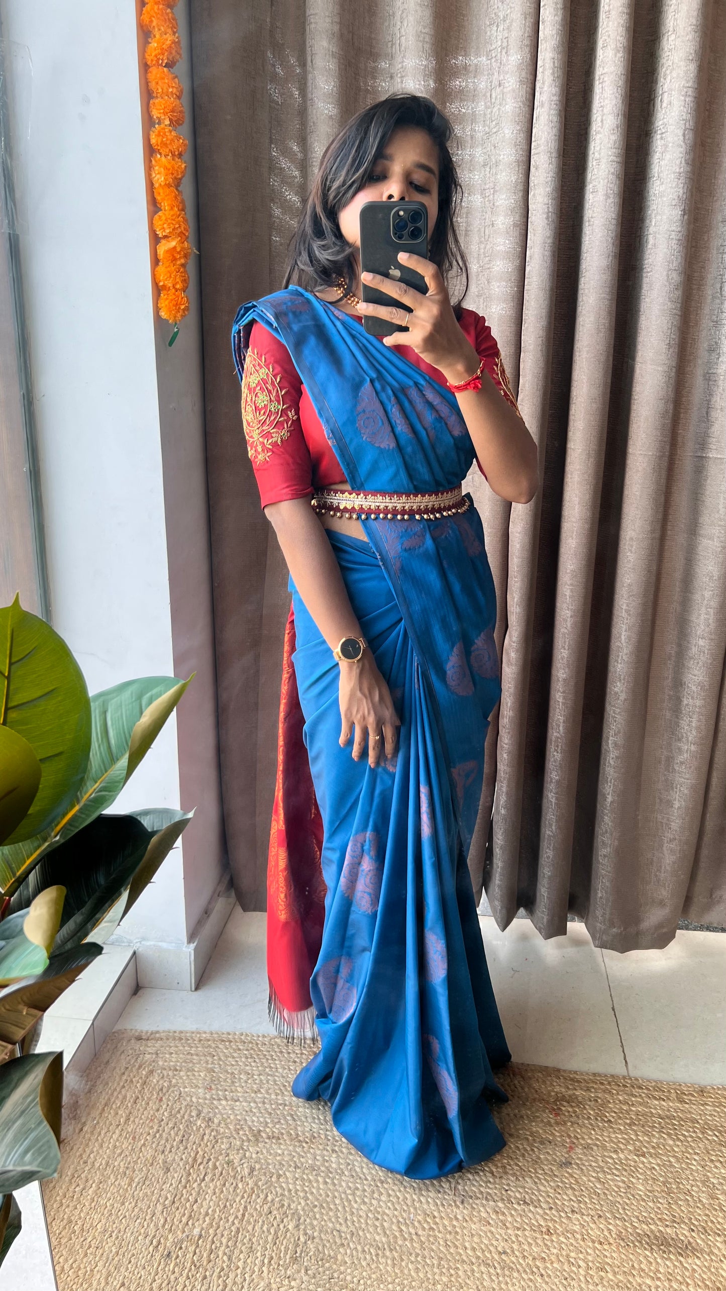 Blue and brown semi silk saree with hand worked blouse - Threads