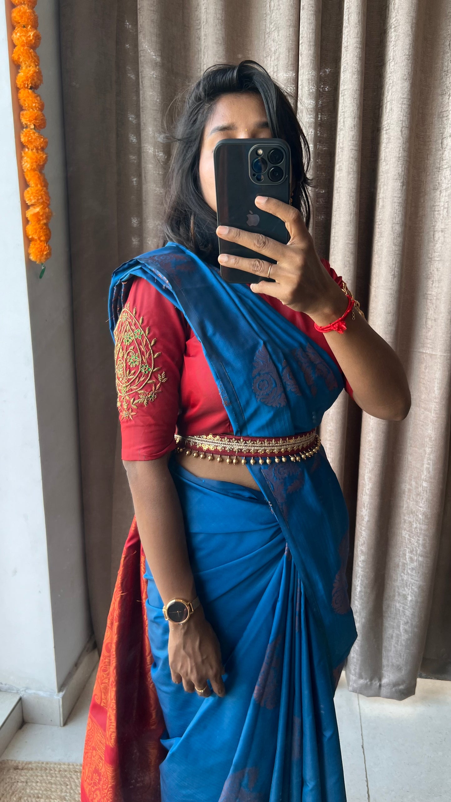 Blue and brown semi silk saree with hand worked blouse - Threads