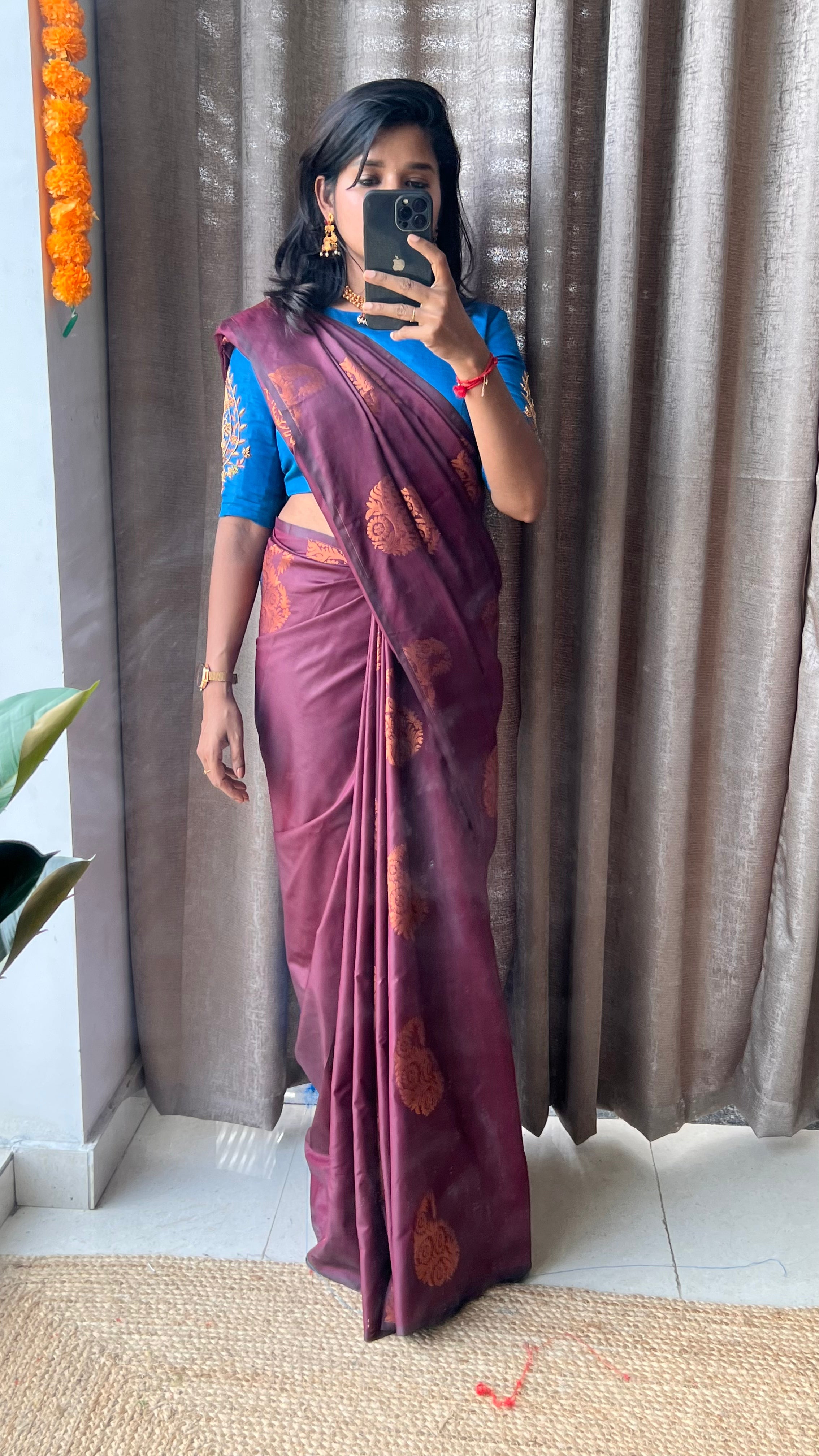 Brown and blue semi silk saree with hand worked blouse - Threads