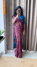 Brown and blue semi silk saree with hand worked blouse - Threads