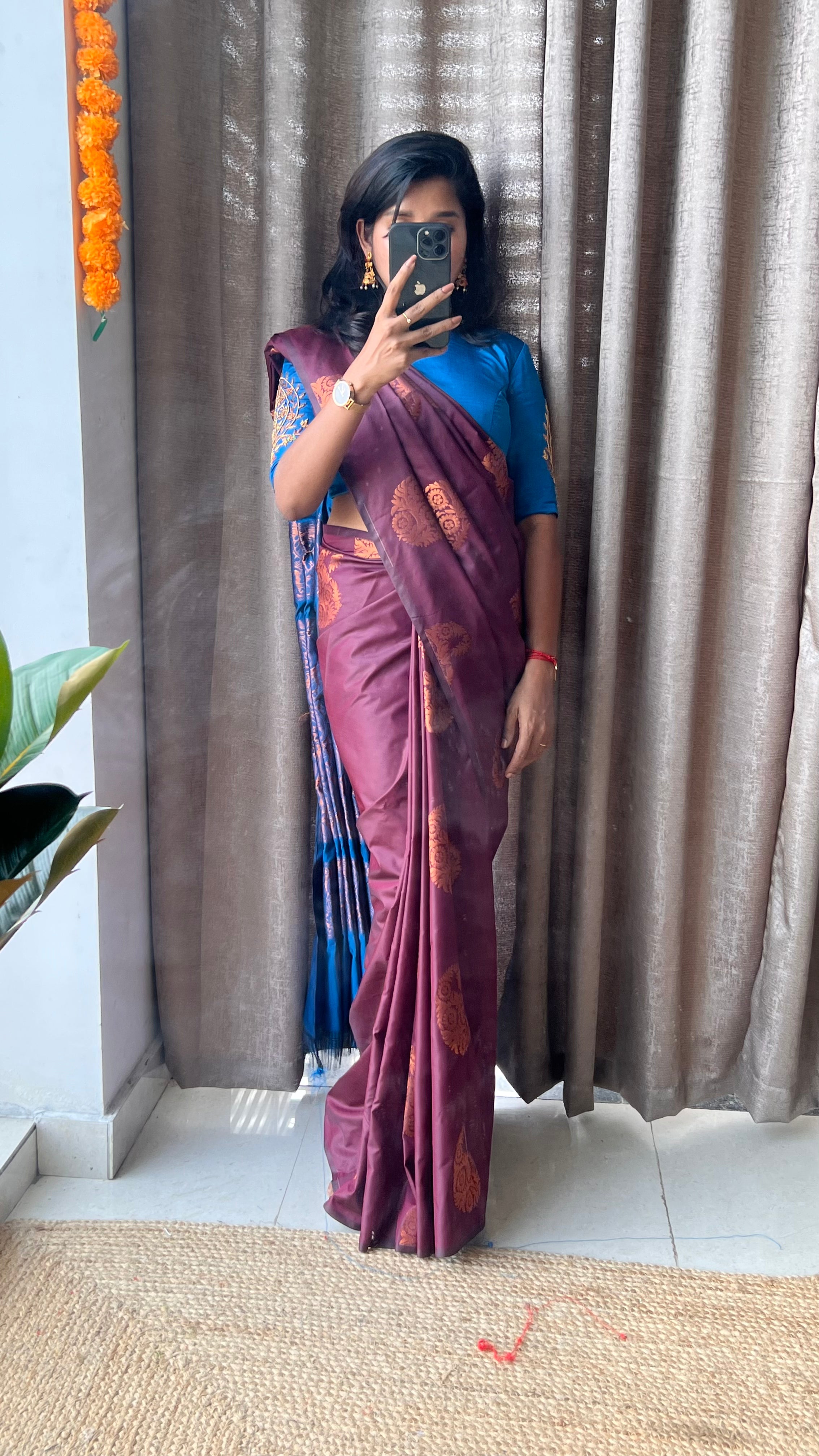 Brown and blue semi silk saree with hand worked blouse - Threads