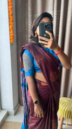 Brown and blue semi silk saree with hand worked blouse - Threads