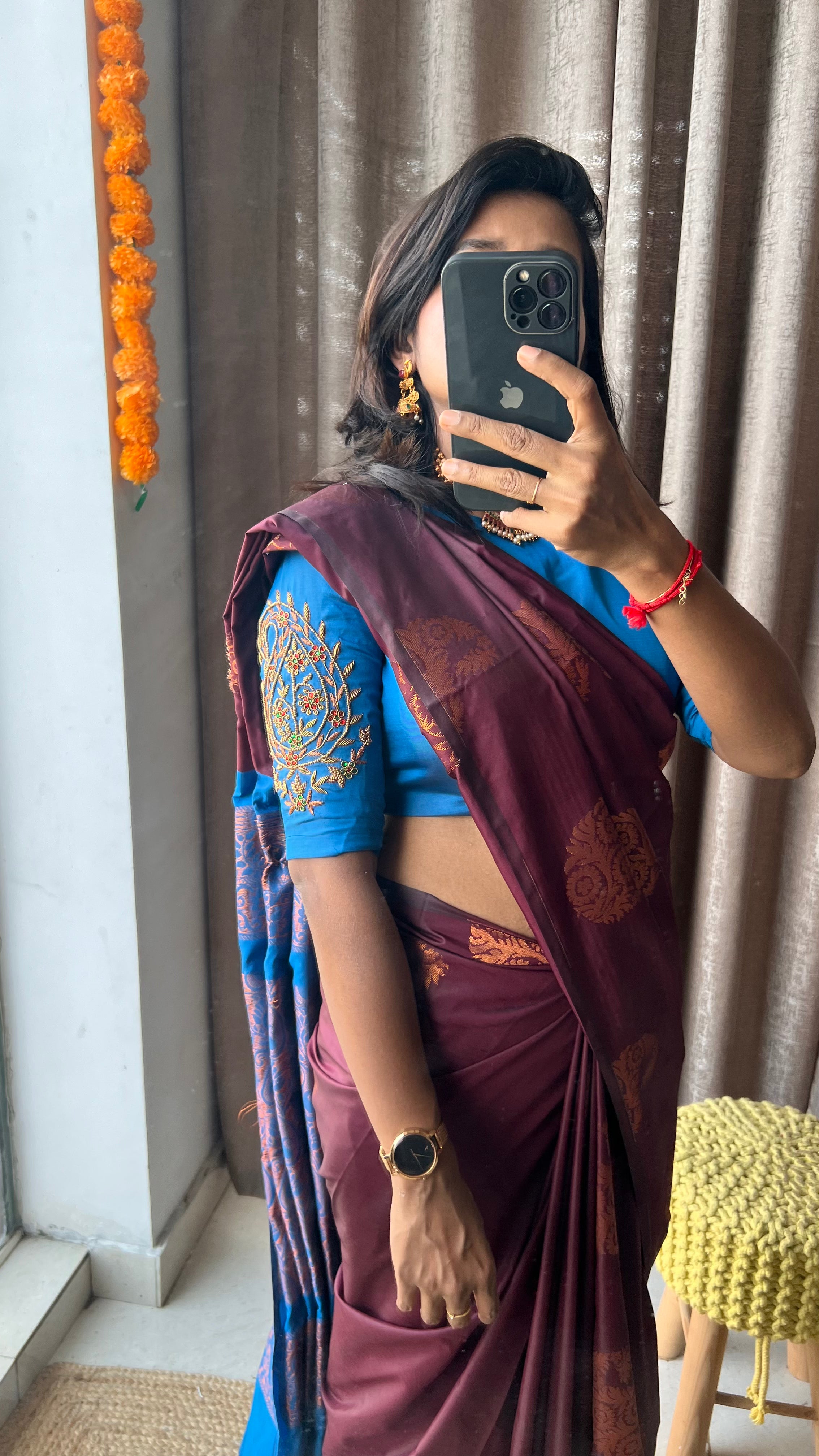Brown and blue semi silk saree with hand worked blouse - Threads