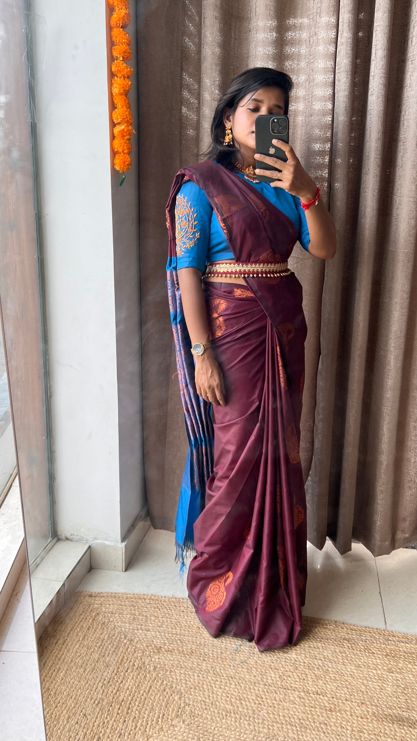 Brown and blue semi silk saree with hand worked blouse - Threads