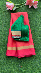 Pink Red silk saree with green hand worked blouse - Threads