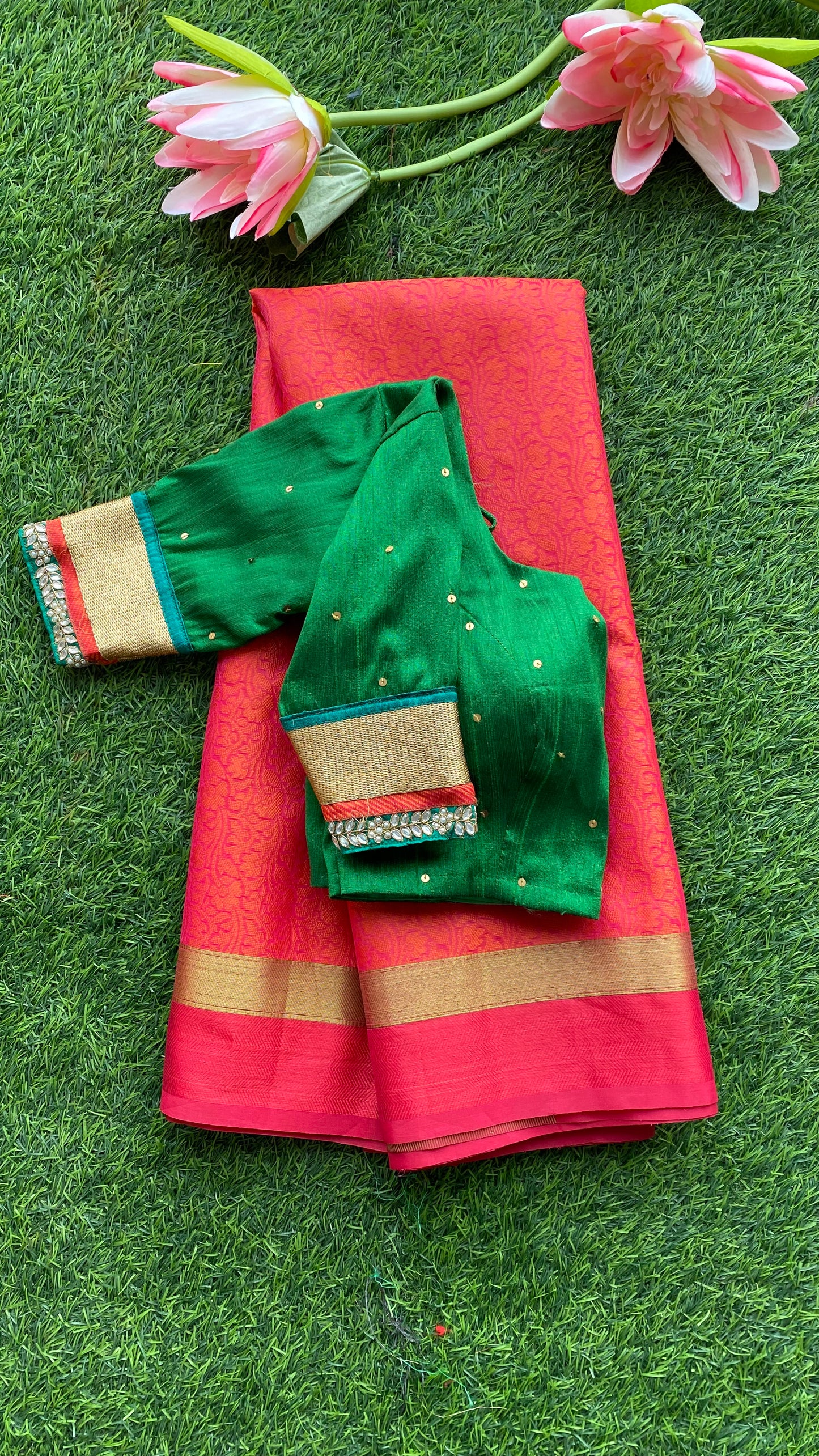 Pink Red silk saree with green hand worked blouse - Threads