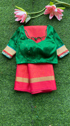 Pink Red silk saree with green hand worked blouse - Threads