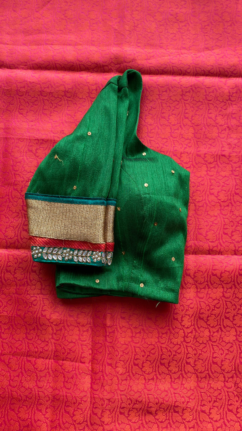 Pink Red silk saree with green hand worked blouse - Threads