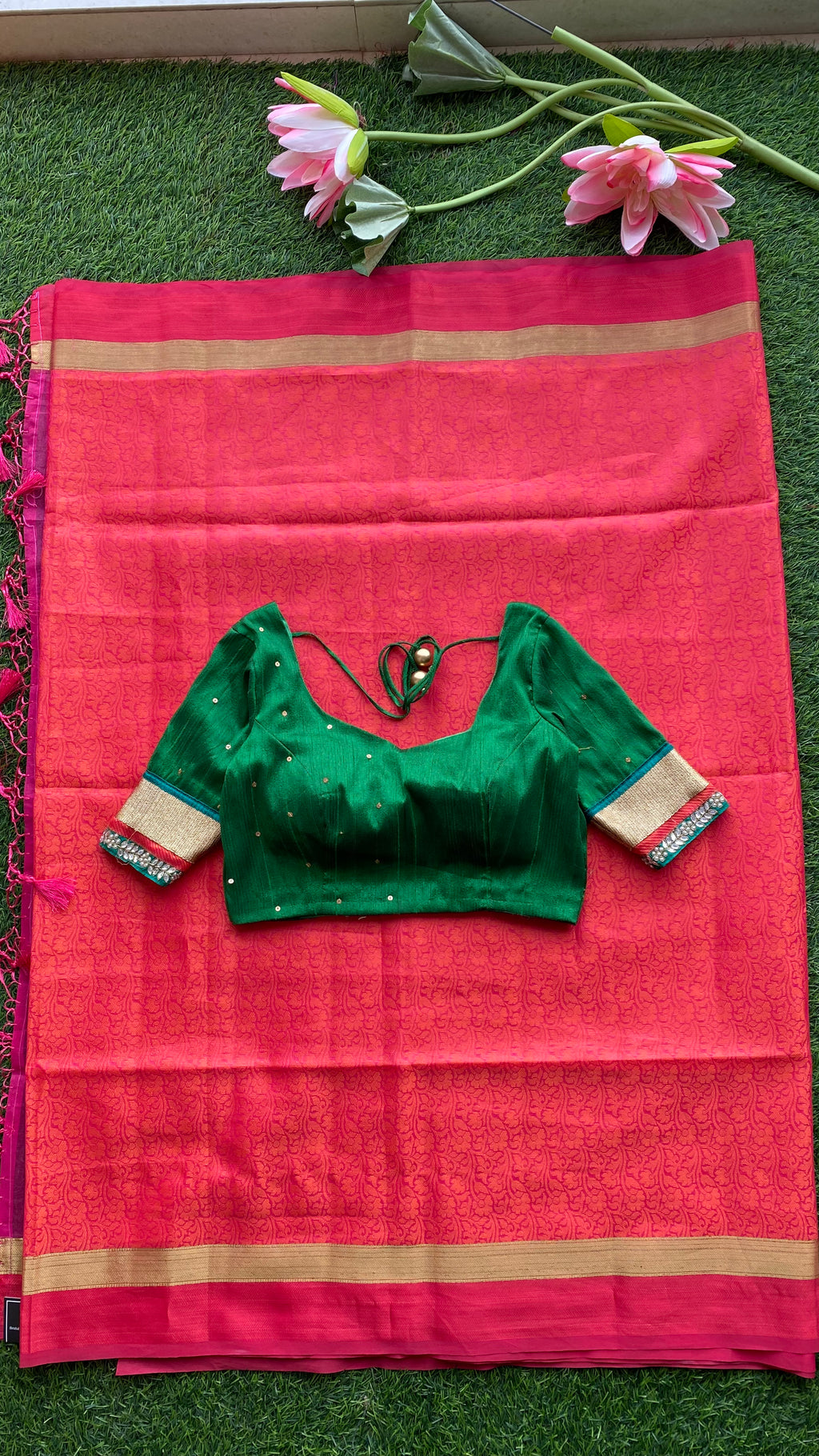 Pink Red silk saree with green hand worked blouse - Threads