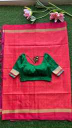 Pink Red silk saree with green hand worked blouse - Threads