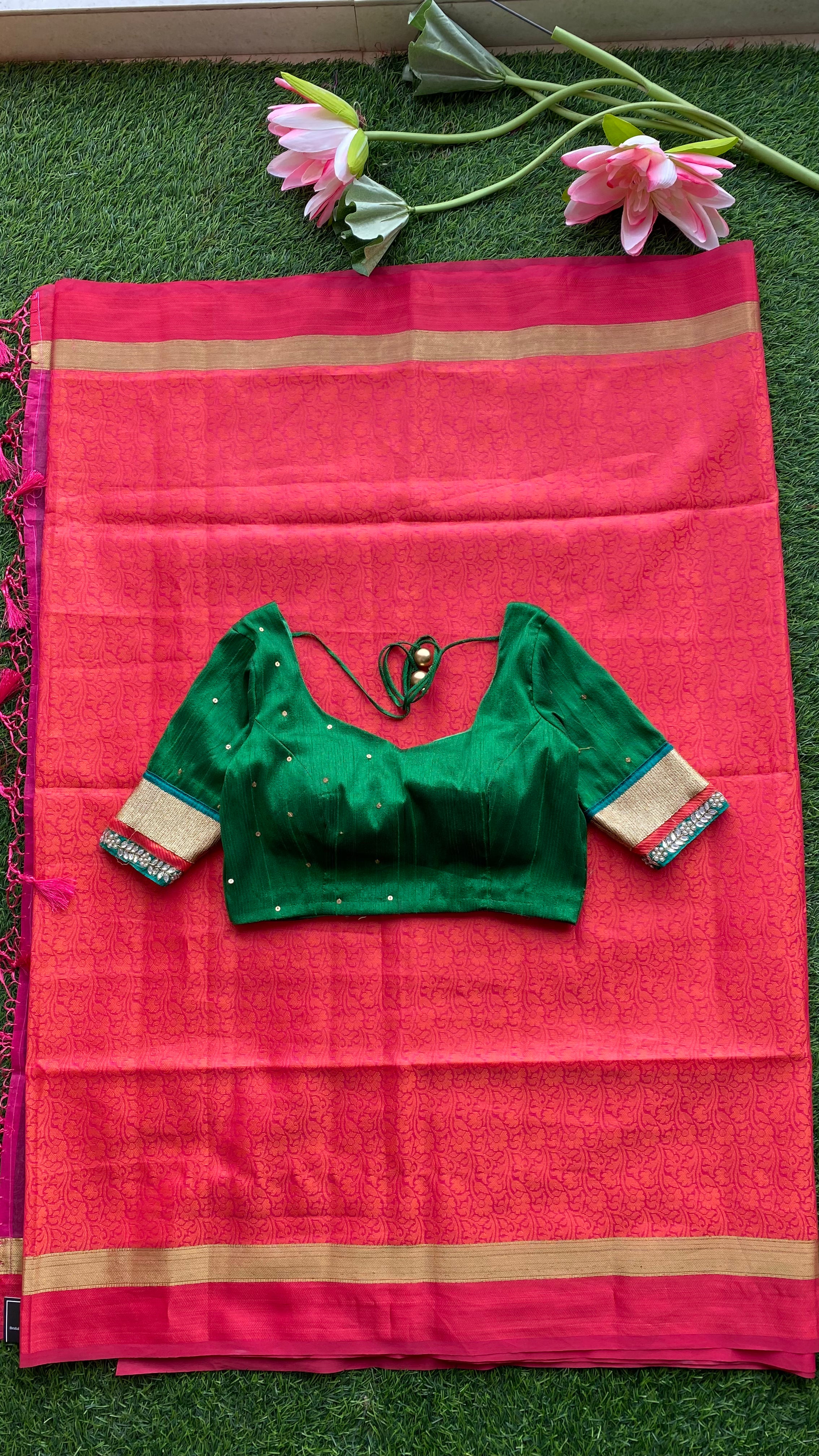 Pink Red silk saree with green hand worked blouse - Threads