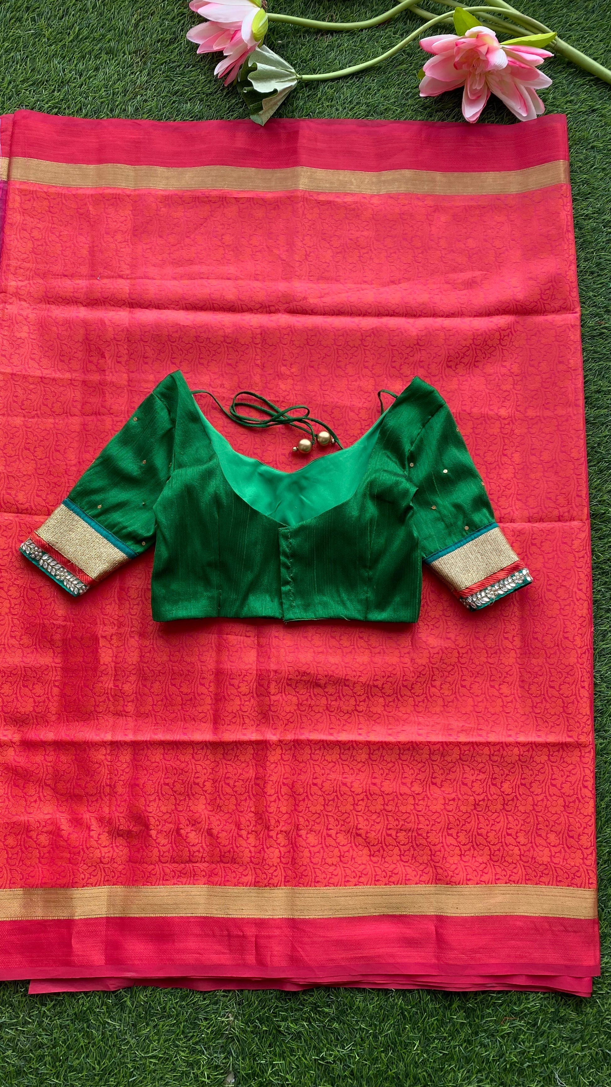 Pink Red silk saree with green hand worked blouse - Threads