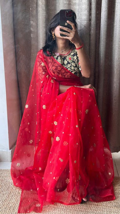 Red organza saree with kalamkari embroidery blouse - Threads