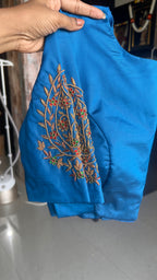 Brown and blue semi silk saree with hand worked blouse - Threads