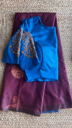 Brown and blue semi silk saree with hand worked blouse - Threads