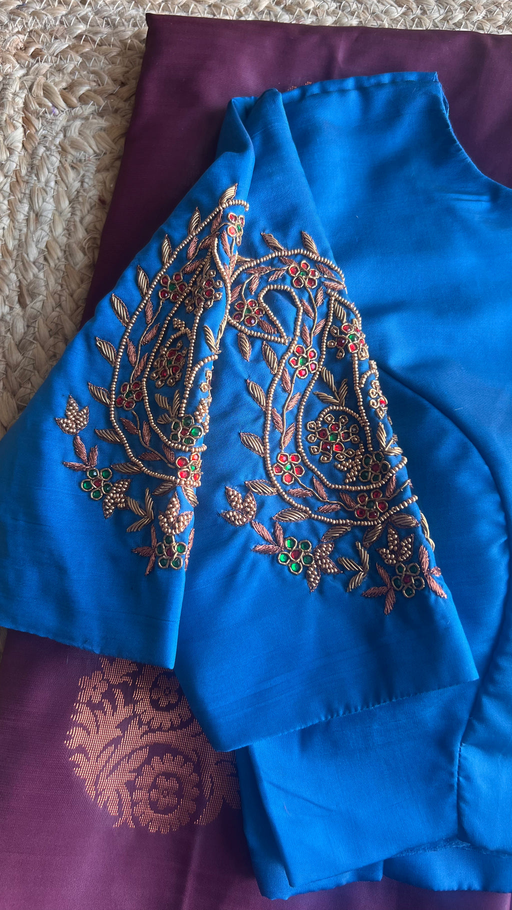 Brown and blue semi silk saree with hand worked blouse - Threads