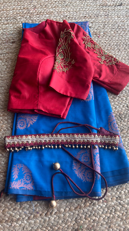 Free full draping )Blue and brown semi silk saree with hand worked bl –  Threads