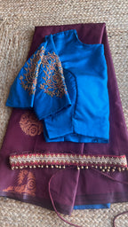 Brown and blue semi silk saree with hand worked blouse - Threads