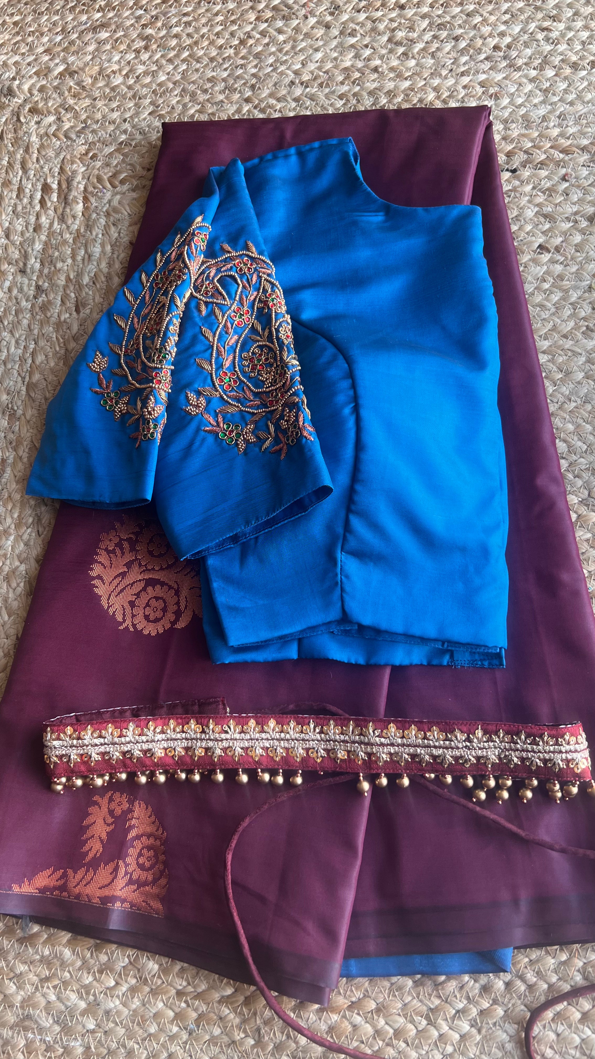 Brown and blue semi silk saree with hand worked blouse - Threads
