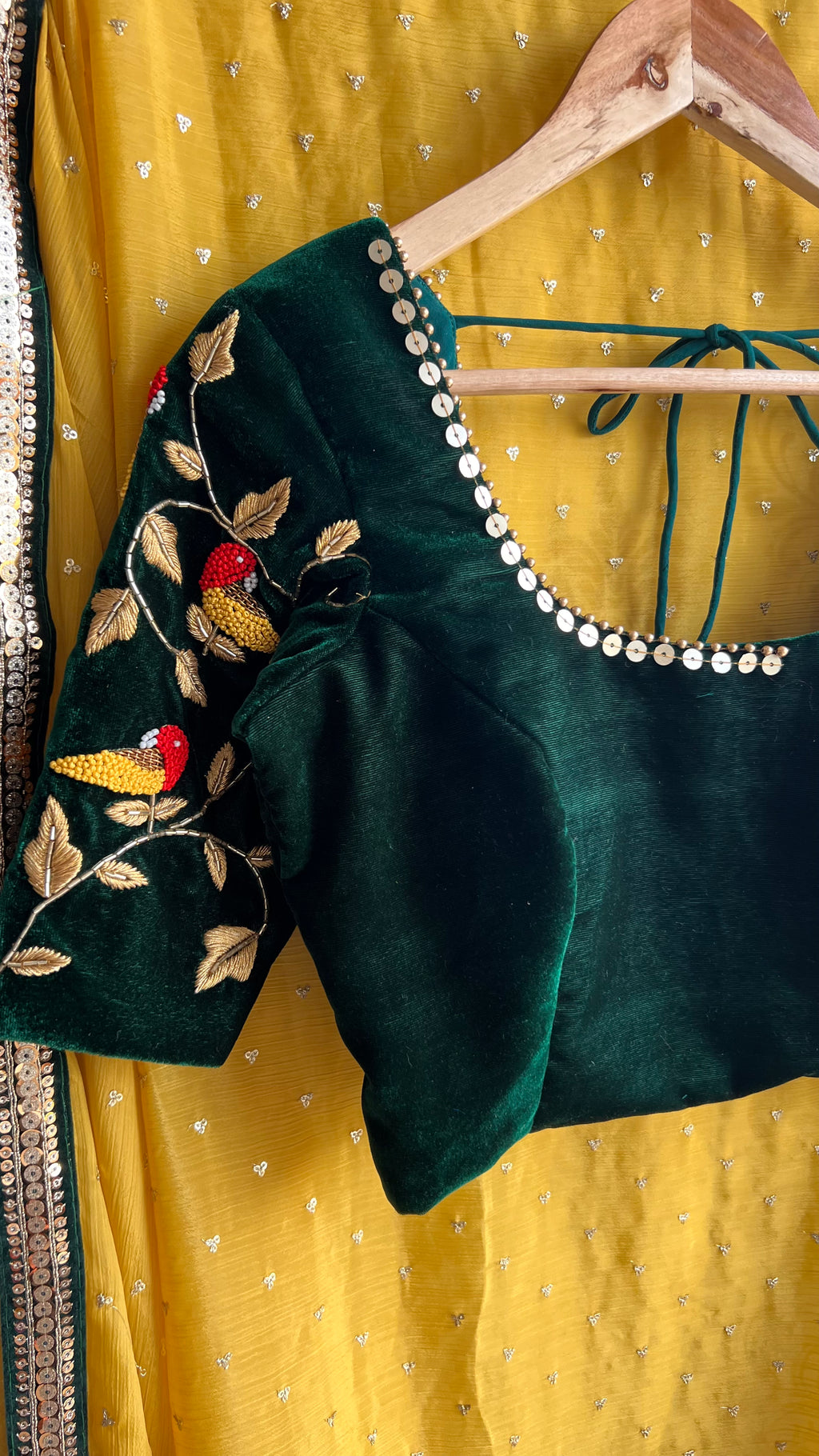 Yellow chinnon saree with green hand worked blouse - Threads