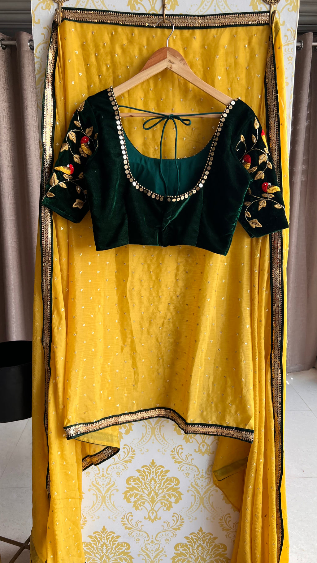 Yellow chinnon saree with green hand worked blouse - Threads