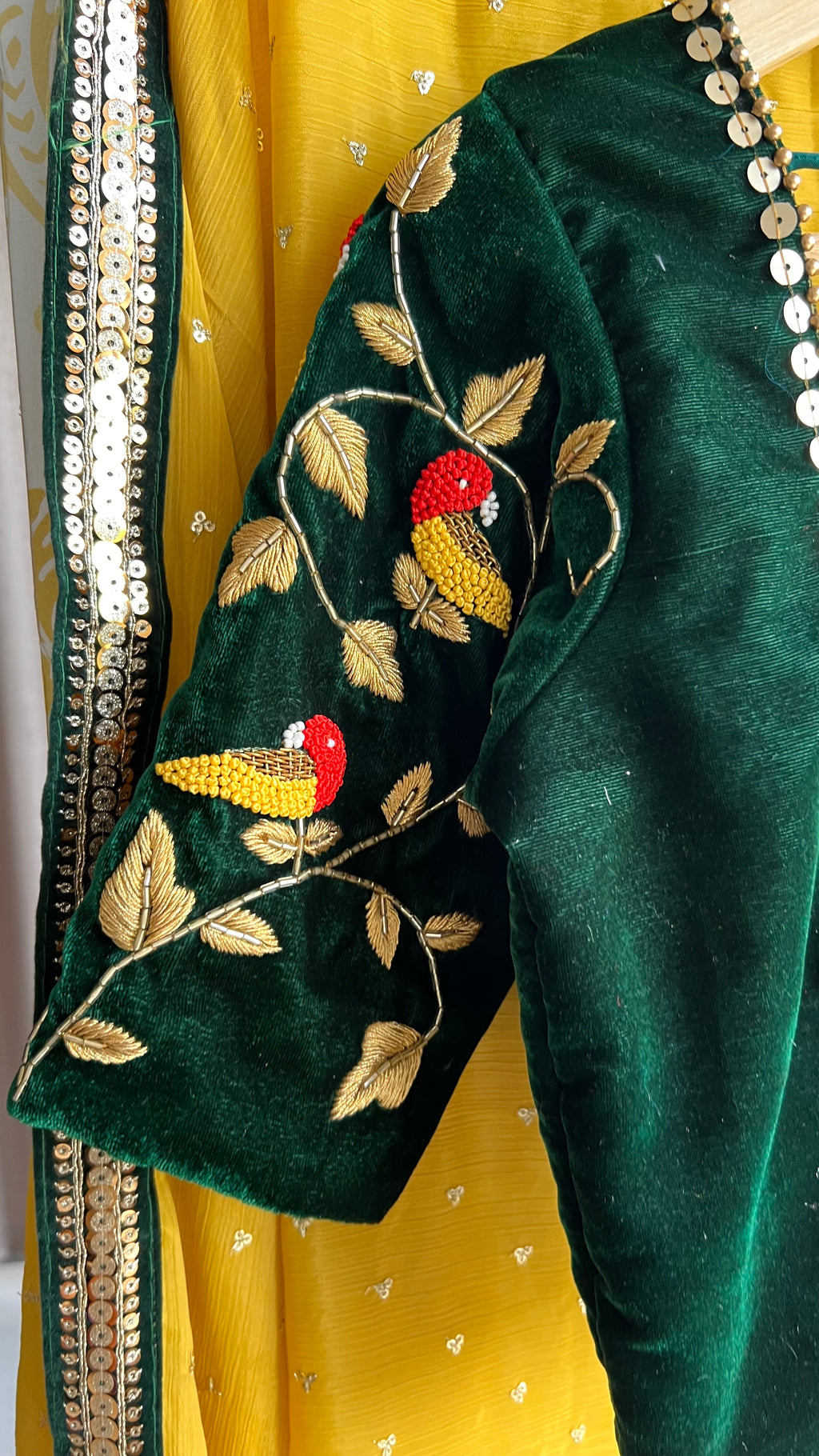 Yellow chinnon saree with green hand worked blouse - Threads