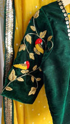 Yellow chinnon saree with green hand worked blouse - Threads