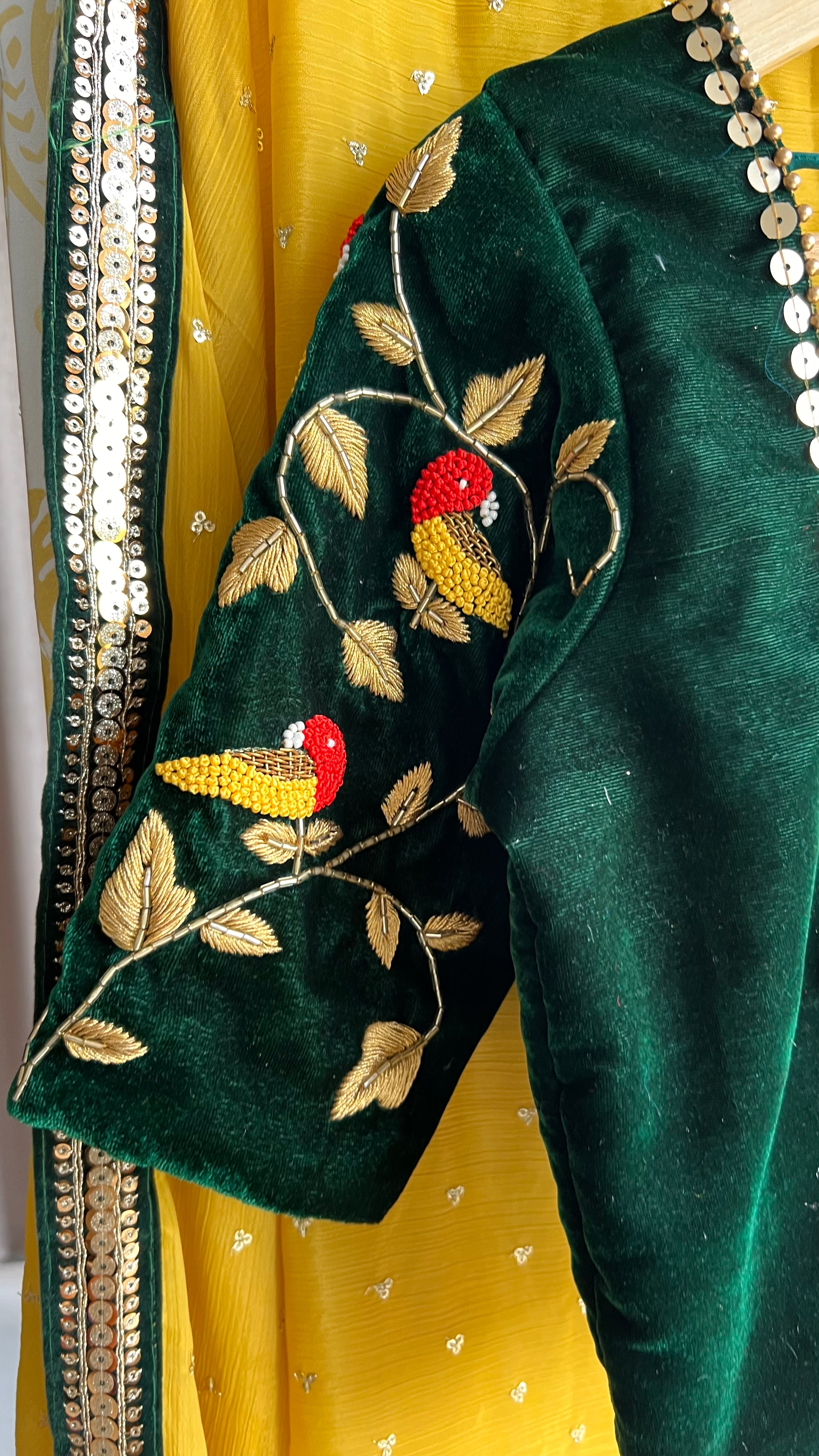Yellow chinnon saree with green hand worked blouse - Threads