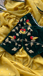 Yellow chinnon saree with green hand worked blouse - Threads