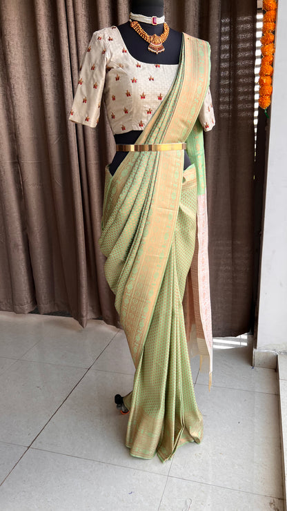 Parrot green and gold silk saree with hand worked blouse - Threads