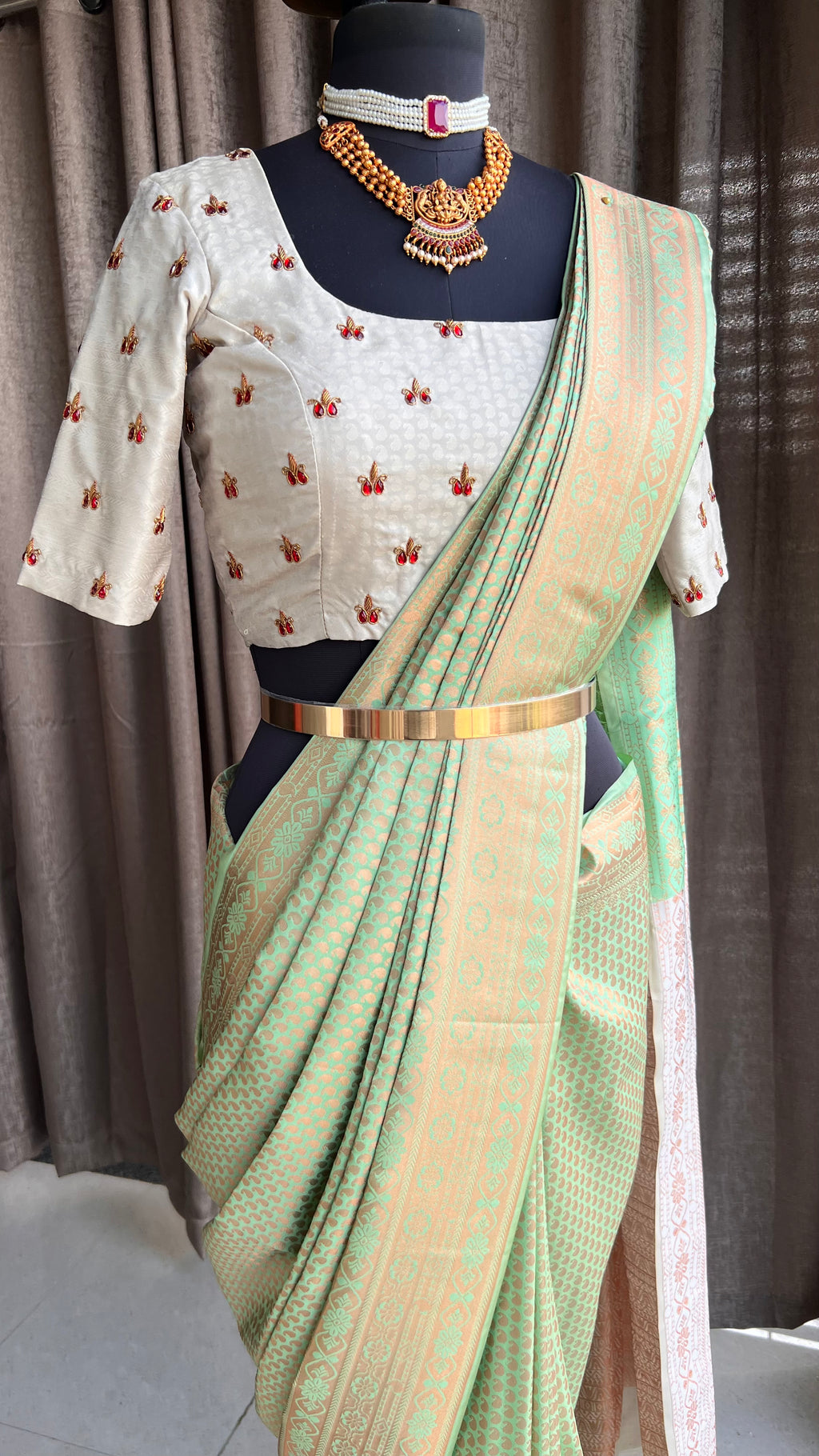 Parrot green and gold silk saree with hand worked blouse - Threads