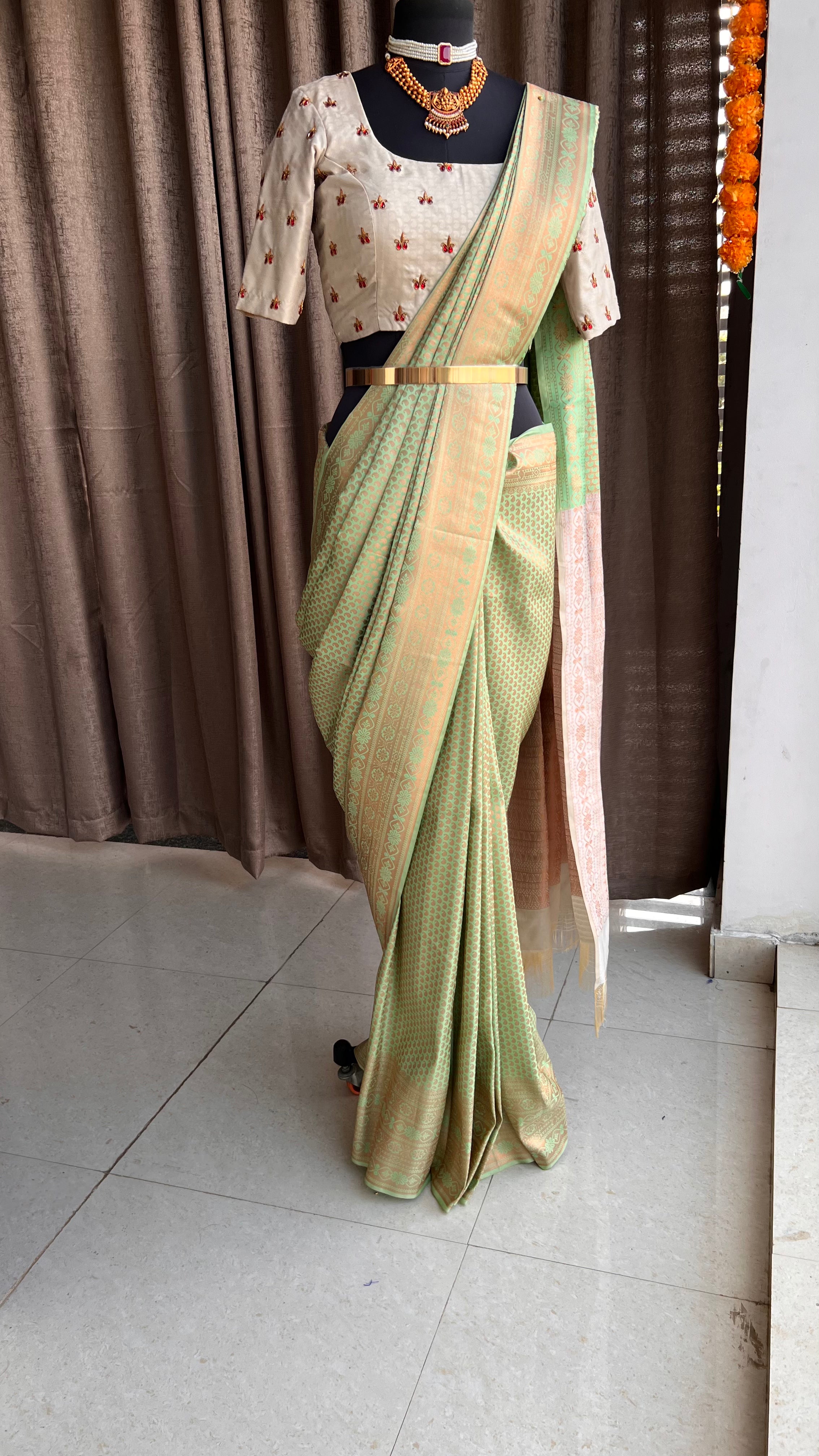 Parrot green and gold silk saree with hand worked blouse - Threads
